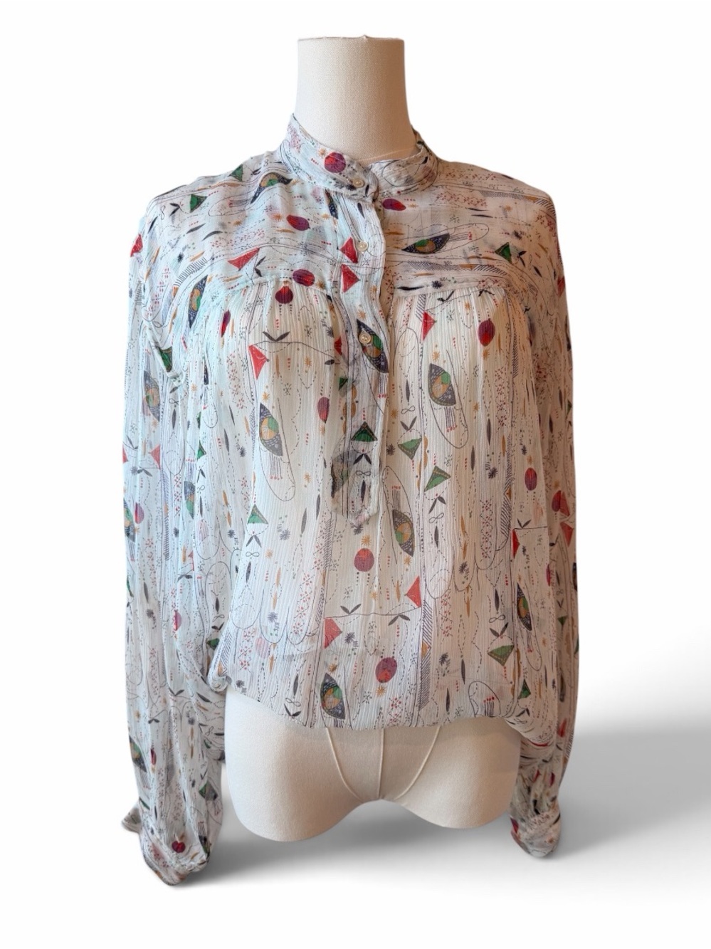 Isabel Marant 100% Silk White Multicolor Print Tie-Neck Blouse - Size 38